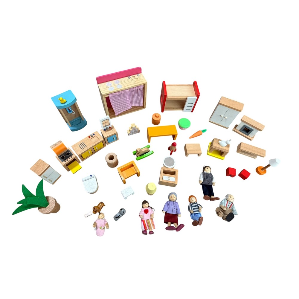 Hape Wooden Dollhouse Furniture and Family Figures Set Kitchen Bedroom Bathroom